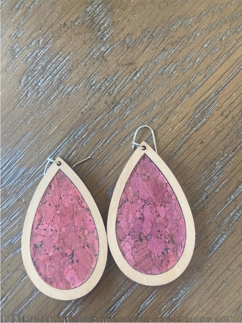 Plum Cork Teardrop Wood Earrings